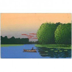 Véritable carte peinte représentant un Rameur sur un Lac le Soir