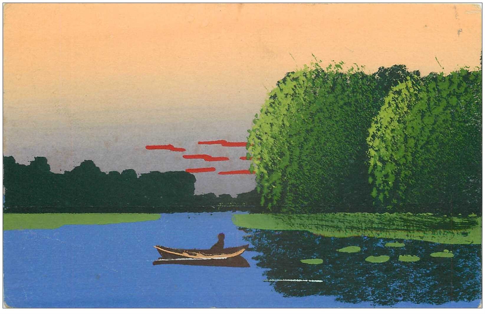 Véritable carte peinte représentant un Rameur sur un Lac le Soir