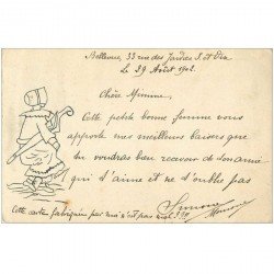 92 BELLEVUE. Carte dessinée à la main par Simone en 1902 pour Blain le Vieil