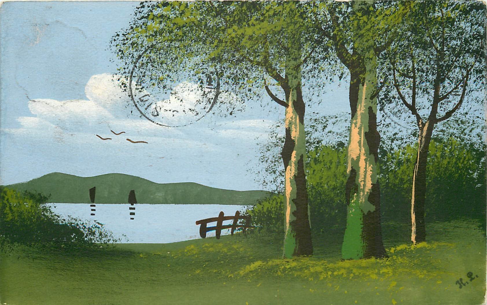 PAYSAGE SUR LAC. Carte peinte à la main par H.L en 1913 départ d'Ercheu à Nesle 80.