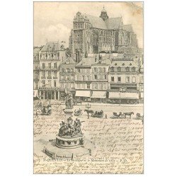 carte postale ancienne 02 SAINT-QUENTIN. La Basilique et Monument de 1557 en 1903. Billard et Café