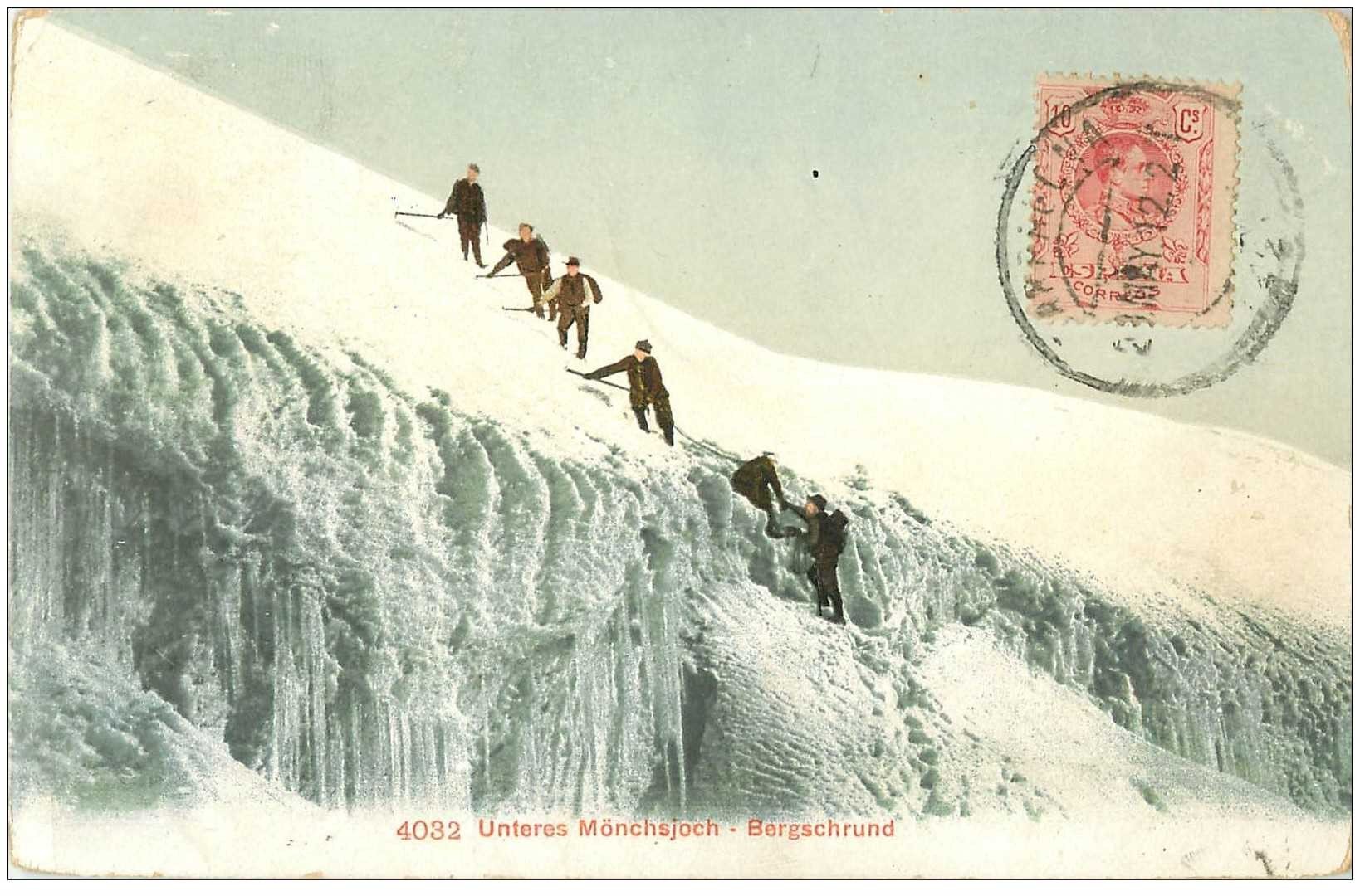 SUISSE. Unteres MÖnchsjoch Bergschrund 1912 Alpinistes Cordeurs