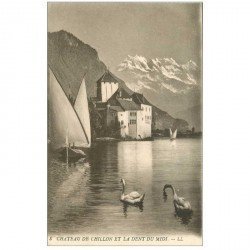 Suisse. CHILLON. La Dent du Midi 1913 Cygnes et barque de Pêcheur