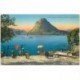 Suisse. Lago di Lugano et Monte San Salvatore. Lavandières et barques de Pêcheurs