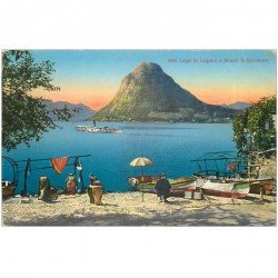 Suisse. Lago di Lugano et Monte San Salvatore. Lavandières et barques de Pêcheurs
