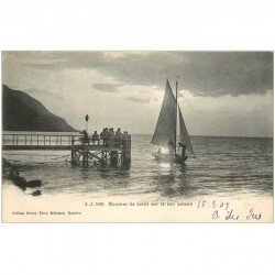 SUISSE. Coucher de Soleil sur le Lac Léman et barque de Pêcheurs 1907