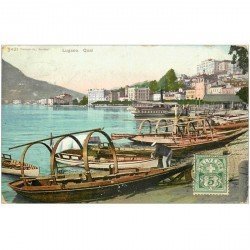 SUISSE. Lugano le Quai et barques de Pêcheurs 1907. Coins émoussés