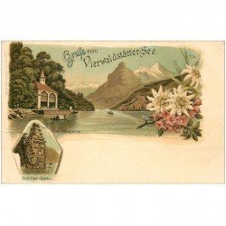 Suisse. Gruss vom Vierwaldstätter See vers 1900. tellskapelle et Schiller Stein