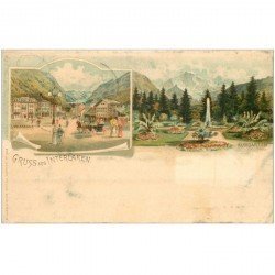 Suisse. Gruss aus INTERLAKEN 1899. Volsbank et Kurgarten. Timbrée et oblitérée en 1899 pour Puteaux...