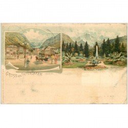 Suisse. Gruss aus INTERLAKEN 1899. Volsbank et Kurgarten. Timbrée et oblitérée en 1899...