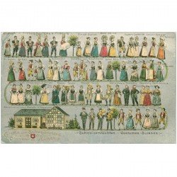 Suisse. Gruss von SCHWEIZERLAND. Costumes Suisses. Personnages gaufrés 1910 sur papier aluminé