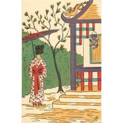 FANTAISIE. Une Geïsha dans un décor Japonais. Carte dîte peinte à la main...
