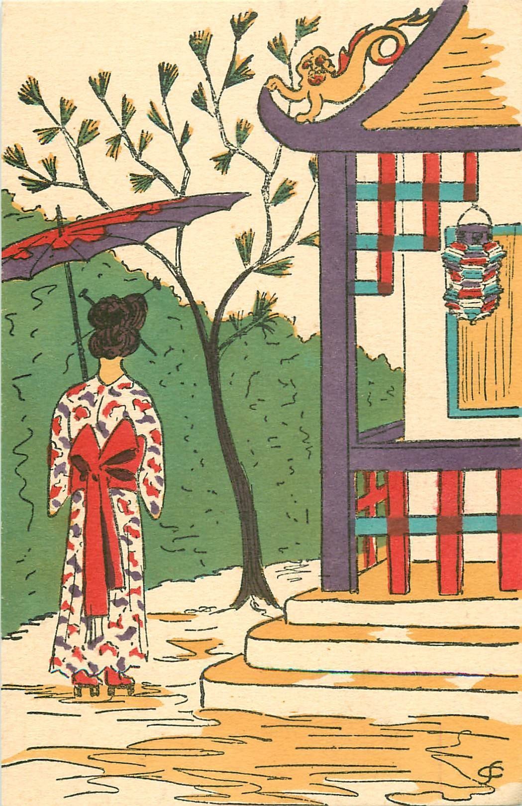 FANTAISIE. Une Geïsha dans un décor Japonais. Carte dîte peinte à la main...