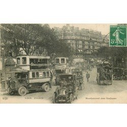 PARIS II° Bus à Impériale et Taxis Boulevard des Italiens vers 1913