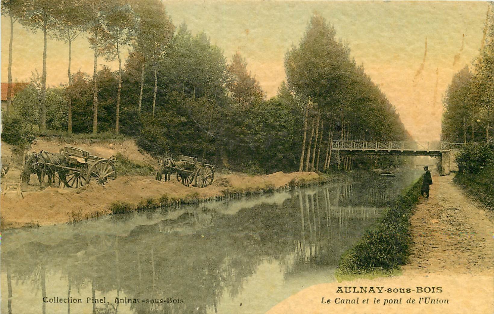 93 AULNAY-SOUS-BOIS. Attelages pour le sable rives du Canal et Pont de l'Union 1915