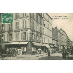 93 AUBERVILLIERS. Attelages devant Café Tabac rue Solférino 1908