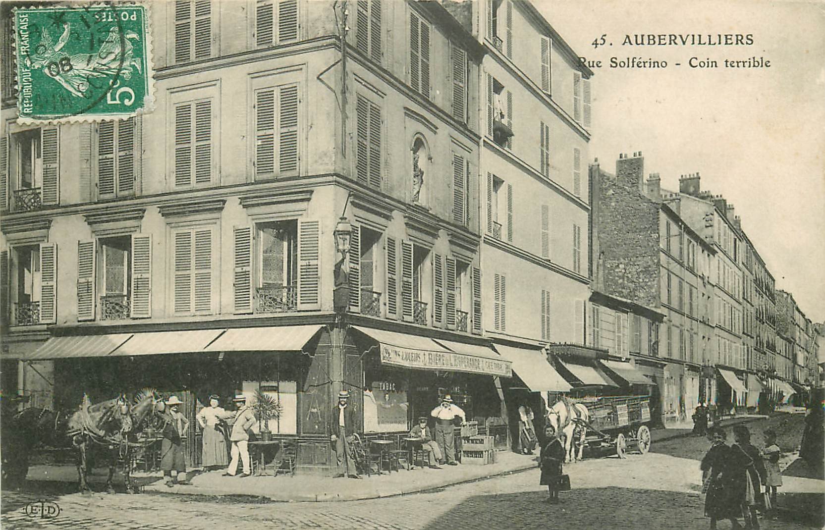 93 AUBERVILLIERS. Attelages devant Café Tabac rue Solférino 1908