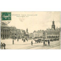 carte postale ancienne 02 SAINT-QUENTIN. Théatre et Hôtel de Ville 1907. Fiacres Taxi