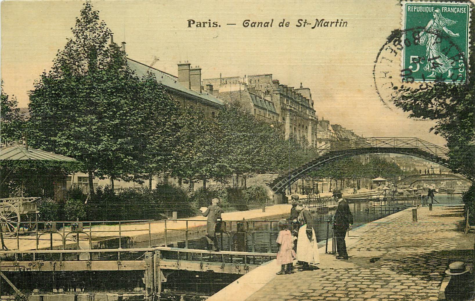 PARIS X. Ecluses et Péniches sur le Canal Saint-Martin 1909