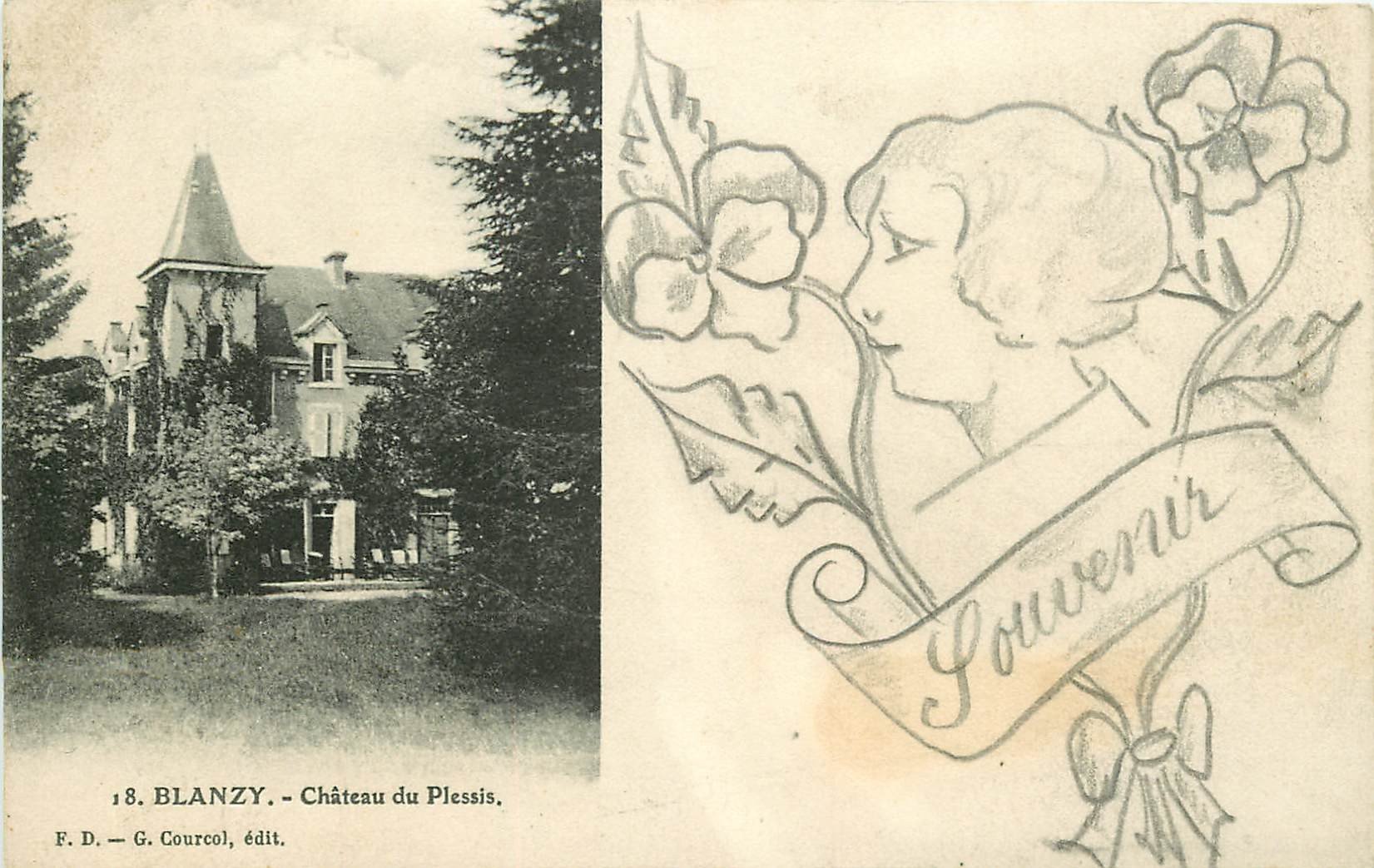 71 BLANZY. Château du Plessis et véritable petit dessin fait à la main au crayon noir