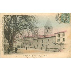 69 BEAUJEU. Le Facteur et Café Bourdeix sur la Place de l'Eglise Saint-Nicolas 1905