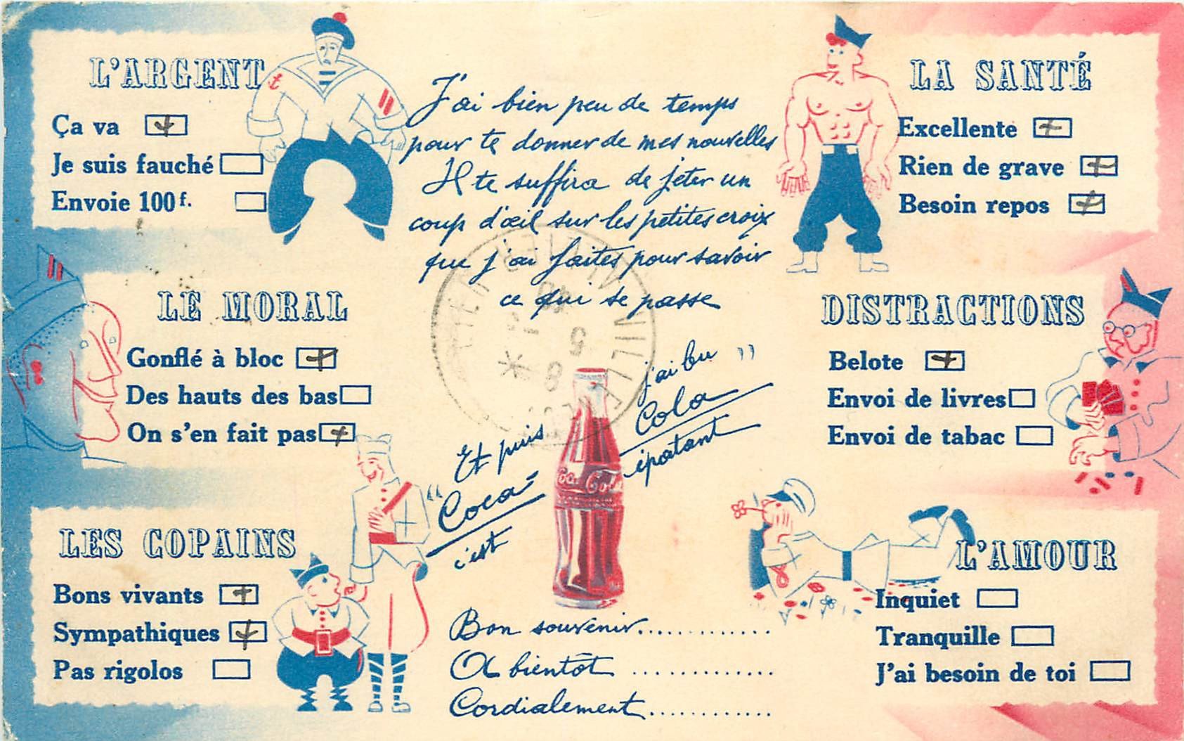 WW COCA COLA. Carte publicitaire Humour d'un Militaire 1940