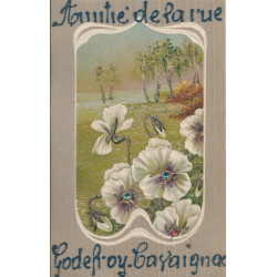 PARIS XI. Amitié de la rue Godefroy Cavaignac. Carte fantaisie gaufrée avec paillettes et petites pierres 1907