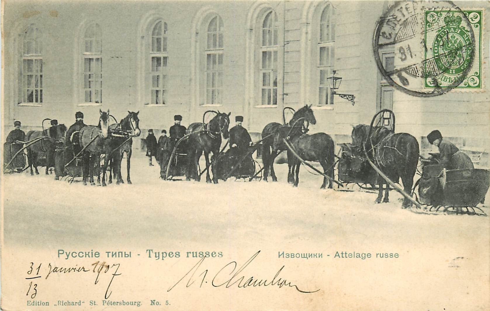 WW RUSSIE. Types Russes avec leurs Troïkas 1907