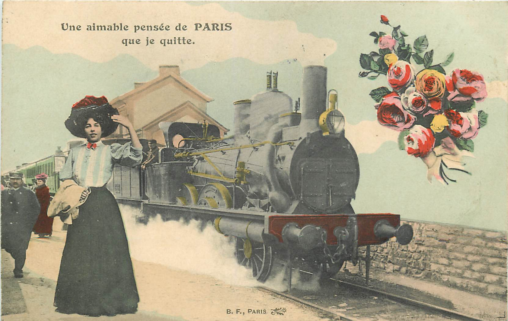 WW PARIS. Une Pensée avec Train et locomotive à vapeur vers 1911