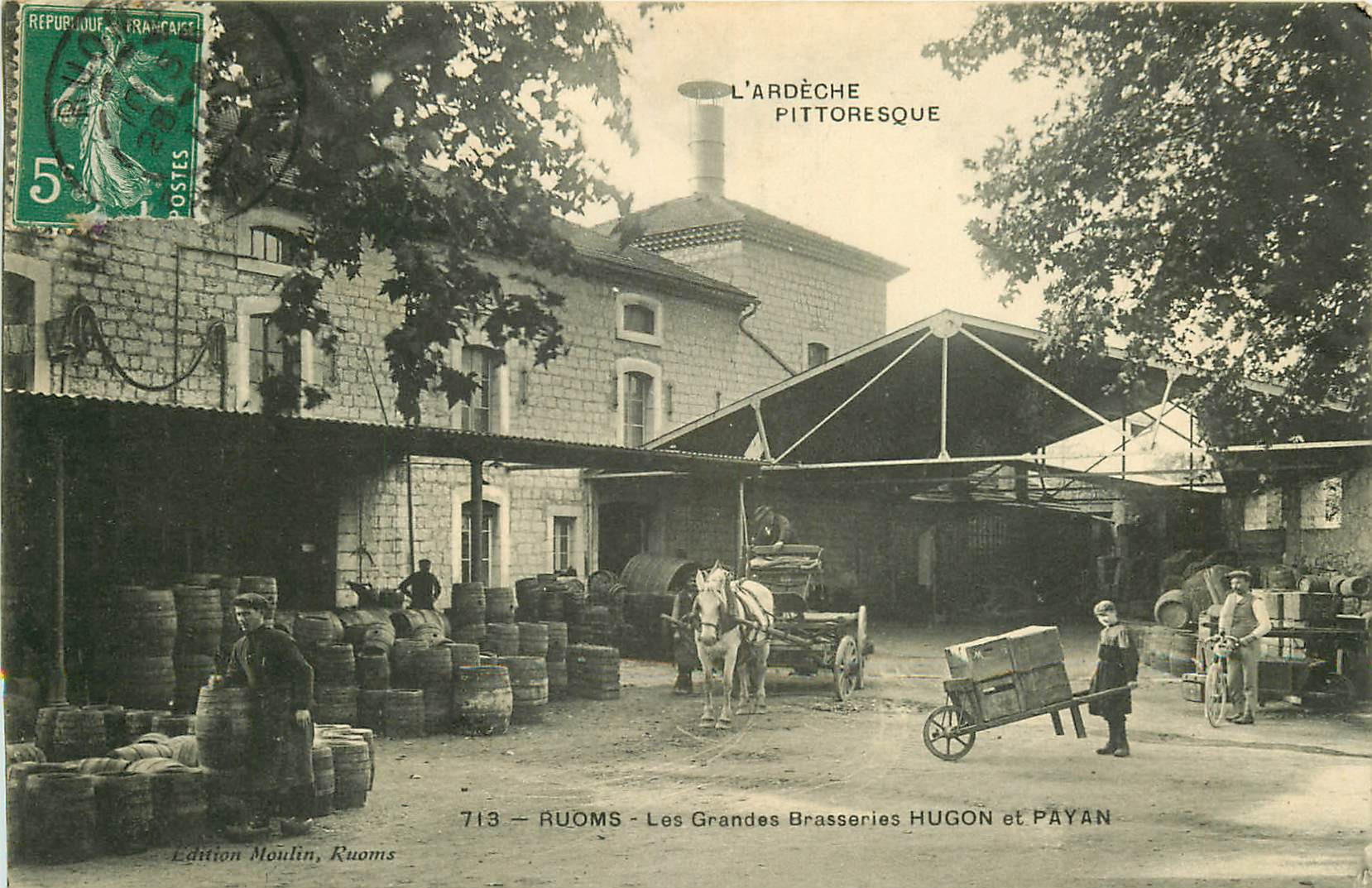 WW 07 RUOMS. Les Grandes Brasseries Hugon et Payan avec attelage livraisons de tonneaux 1911