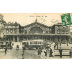 PARIS 10. Métropolitain, bus et tramway à impérial devant la Gare de l'Est 1913