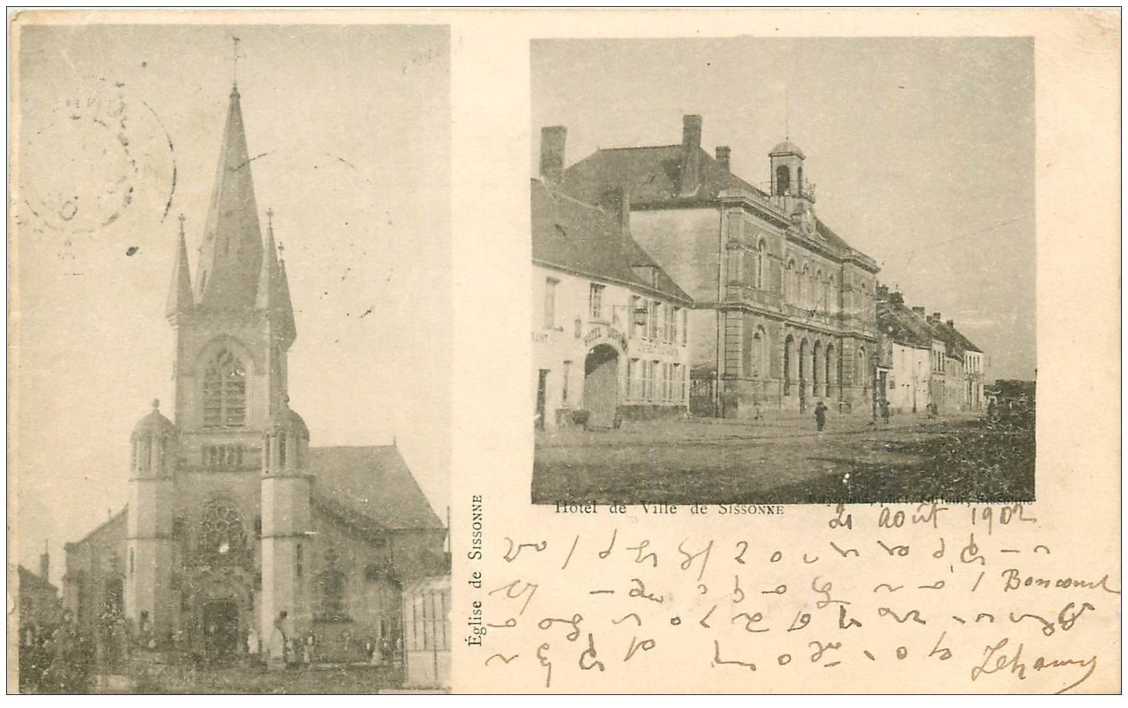 carte postale ancienne 02 SISSONNE. Hôtel de Ville 1902. Ecriture codée