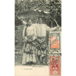 WW TAHITIENS. TITI et MATA pendant la pluie s'abritent sous une feuille de bananier 1929