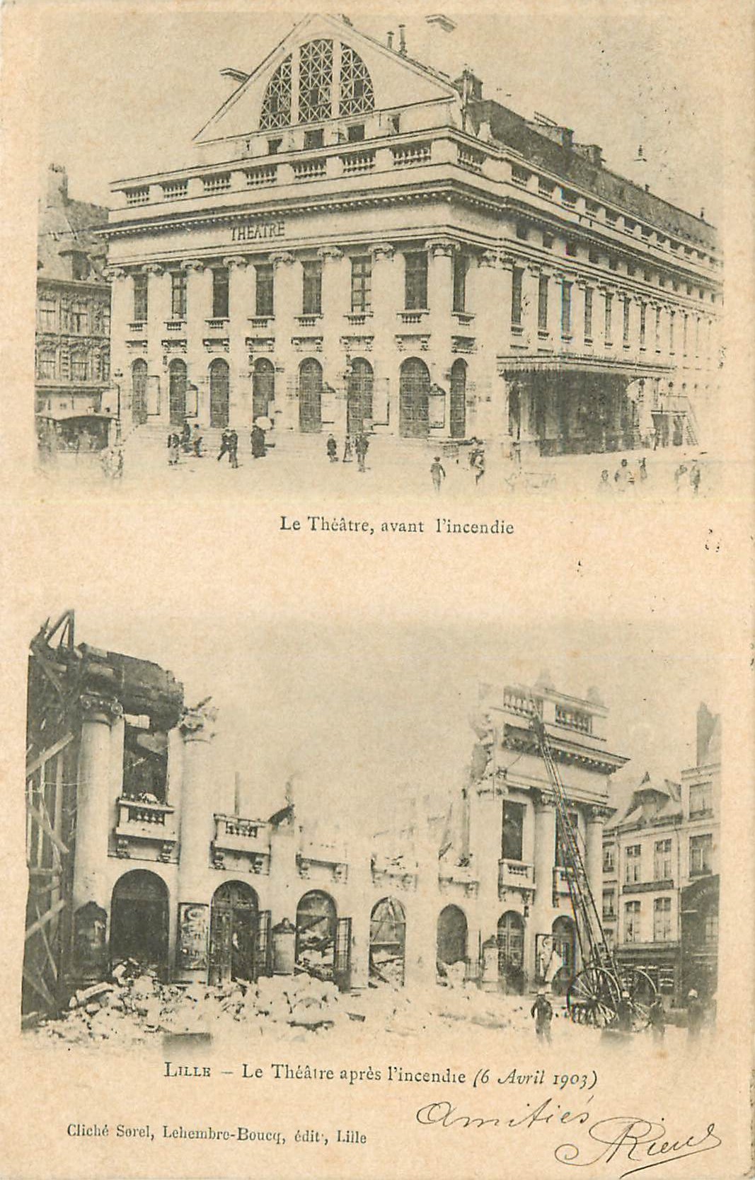 WW 59 LILLE. Pompiers au Théâtre avant et après l'Incendie 1903