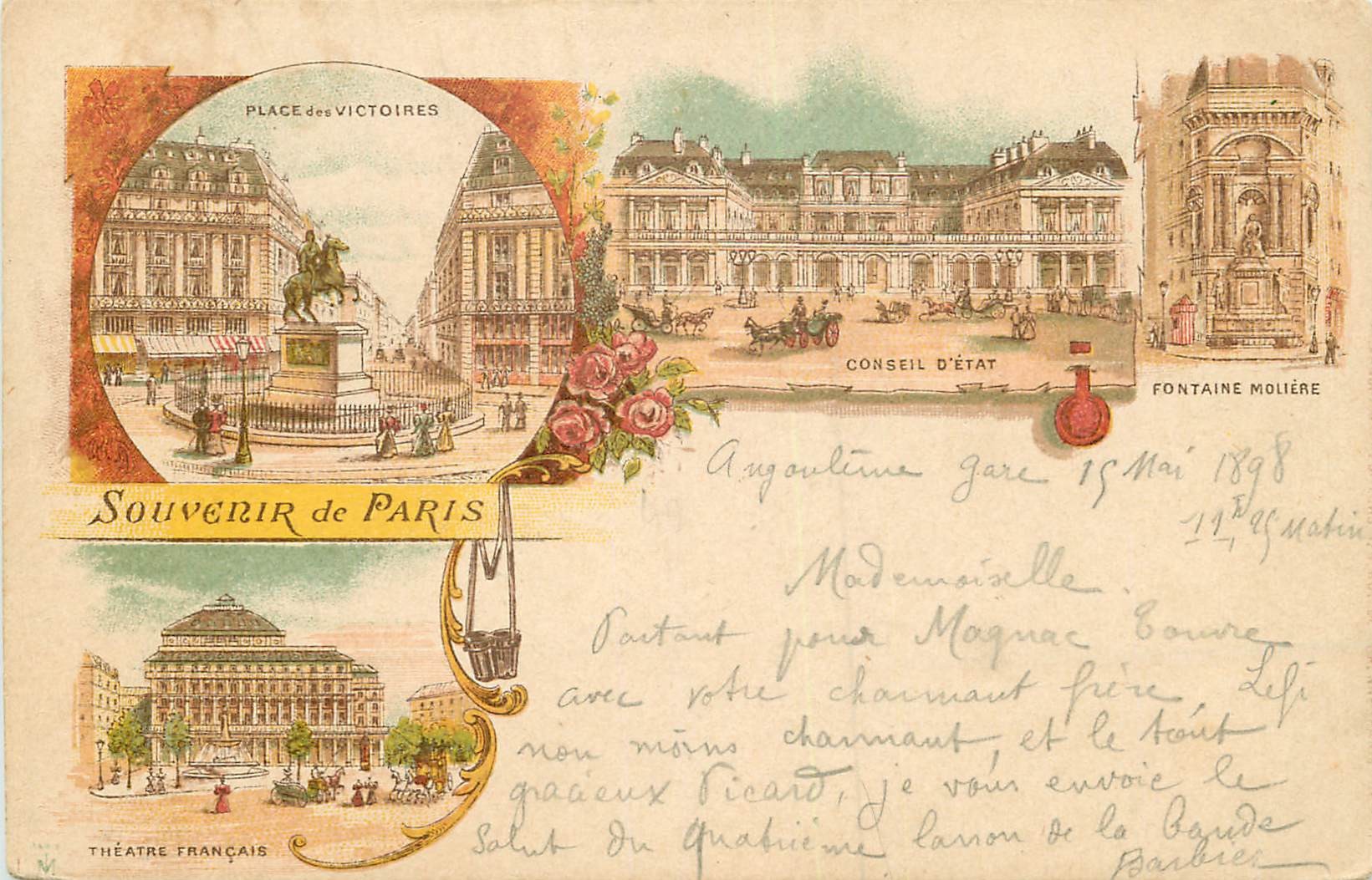 WW PARIS en 1898. Place des Victoires, Conseil d'Etat, Fontaine Molière et Théâtre Français