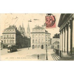carte postale ancienne 14 CAEN. Top Promotion Place Fontette et Palais de Justice Imprimerie Papeterie 1906 Tramway BYRRH