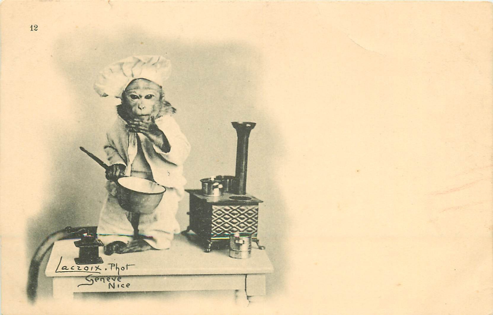 WW Un Singe Cuisinier par Lacroix à Genève vers 1900