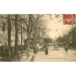 carte postale ancienne 14 CAEN. Top Promotion Boulevard Saint-Pierre 1908 avec file de Fiacres