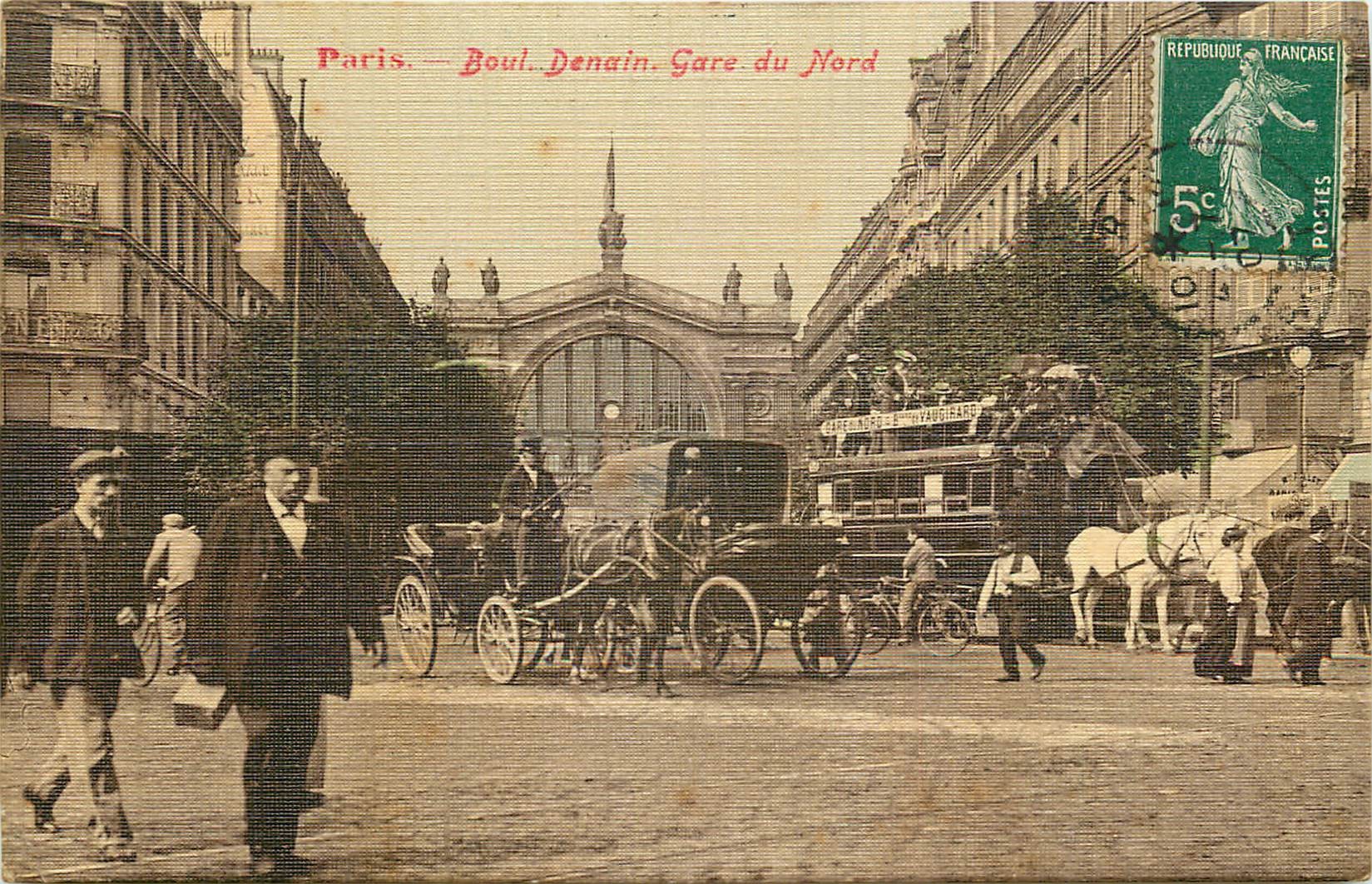 PARIS X. Hippomobile à impérial Boulevard Denain et Gare du Nord 1907