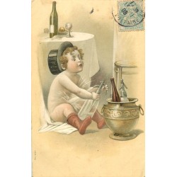 2 Cpa Bébé barman. Syphon, chapeau haut de forme et cocktail 1905. Cartes gaufrées