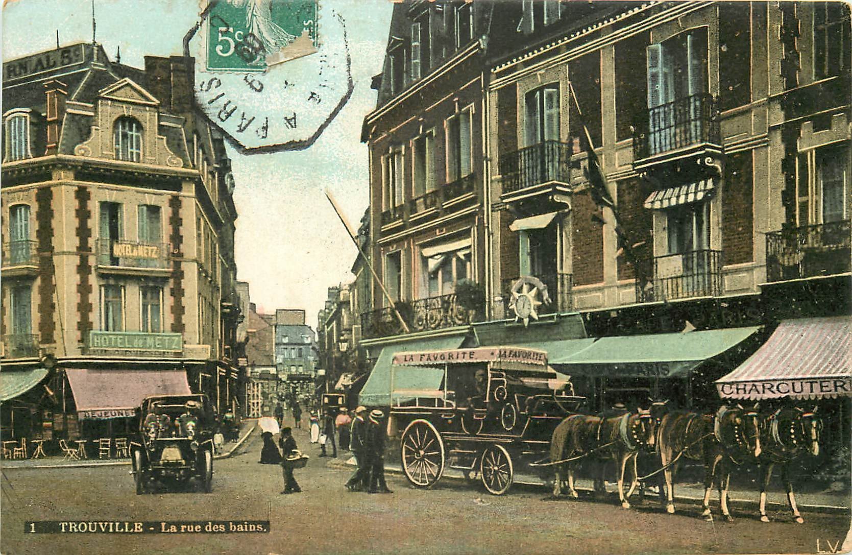 carte postale ancienne 14 TROUVILLE. Top Promotion. Attelage La Favorite Rue des Bains 1909. Aqua Photo