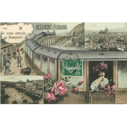 63 CLERMONT-FERRAND. Carte montage avec Train, Gare et Palais de Justice 1909