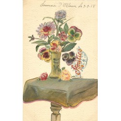 FLEURS. Souvenir d'Alsace 1918. Rare Fleurs dans un vase sur une table, le tout peint à la main