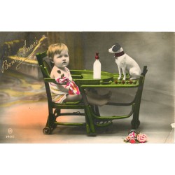 BONNE ANNEE. Bébé, Chien et biberon 1932