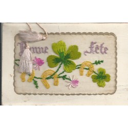 BONNE ET HEUREUSE FETE. Carte de fils de Soie sur voile