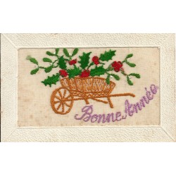 FANTAISIES A SYSTEMES. Carte fils de soie brodés sur un voile " BONNE ANNEE " 1916 brouette