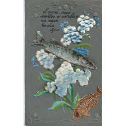 Poisson et Fleurs en ajoutis " 1er AVRIL " carte gaufrée 1909