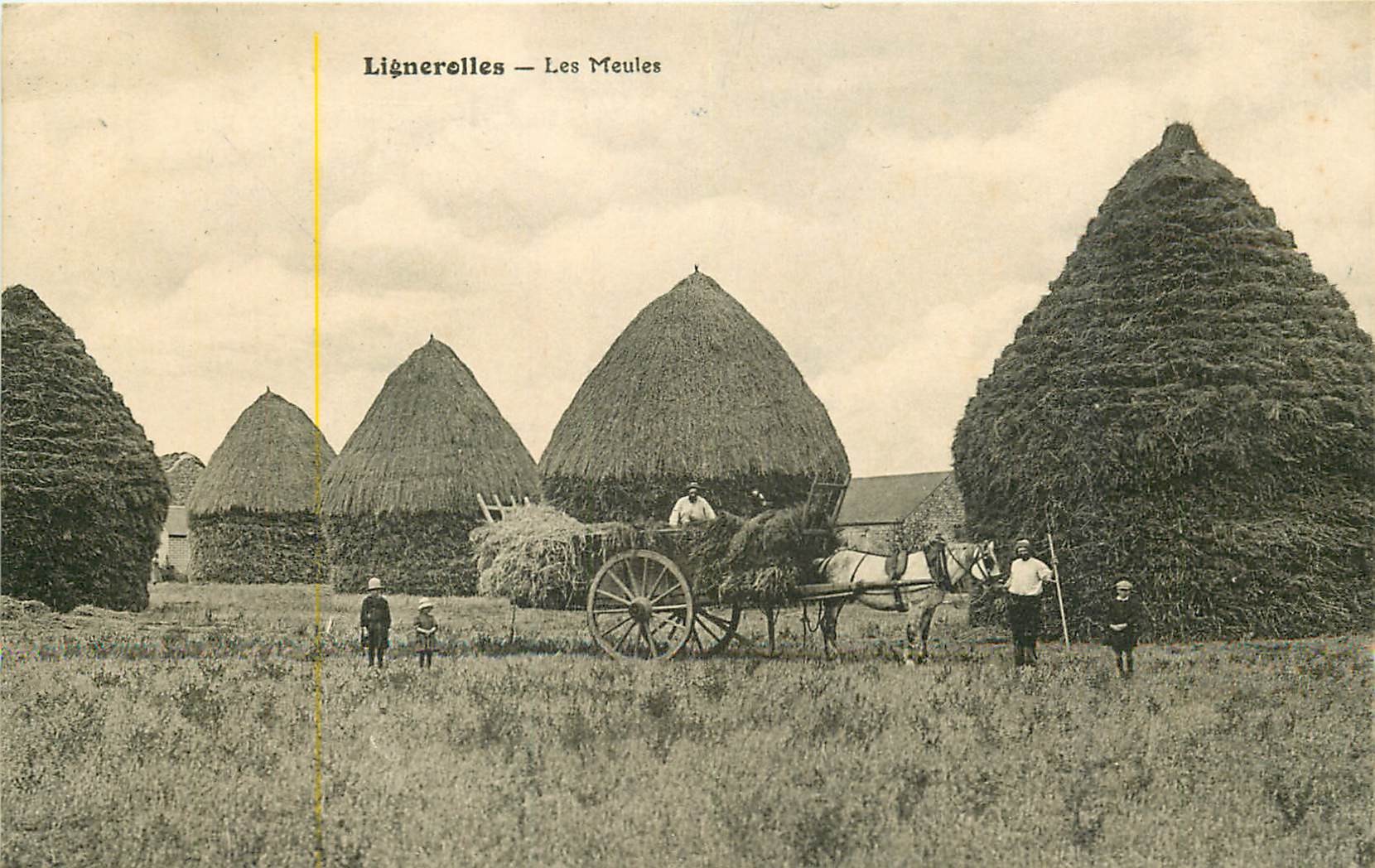 45 LIGNEROLLES. Paysans avec attelage près des Meules de foin