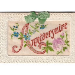 ANNIVERSAIRE. Véritable carte brodée fils de Soie sur voile en tulle
