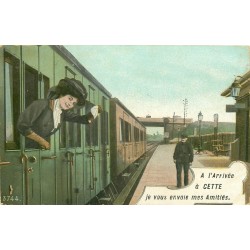 34 CETTE ou SETE. Carte surréaliste montage femme dans un train à la Gare 1910